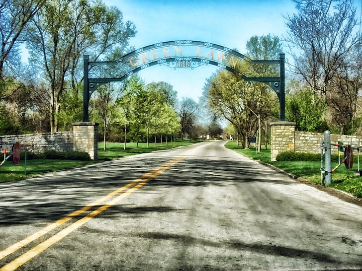 Cimitero, ingresso, cancello, arco, alberi, Columbus, Ohio