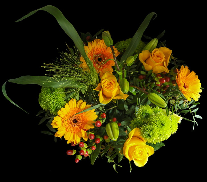 μπουκέτο, μπουκέτο γενεθλίων, απομονωμένη, λουλούδια, Κίτρινο, μαύρο, να δώσει