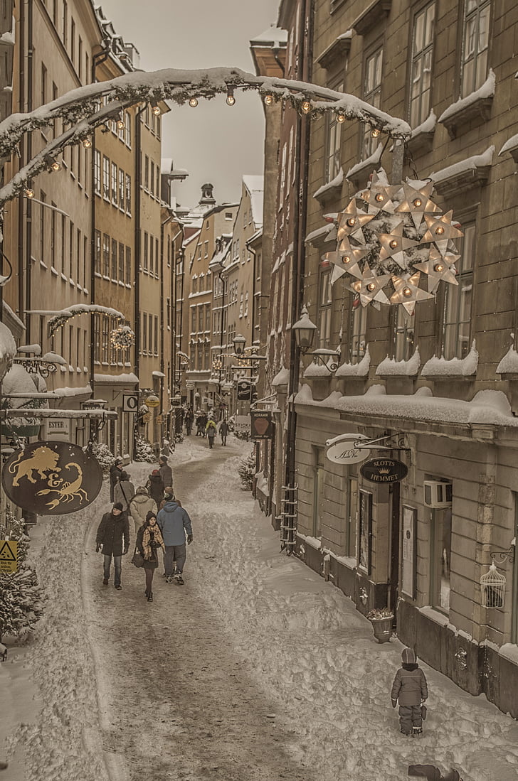 Stockholm, sneg, hiša, pozimi, hladno, somrak, stari