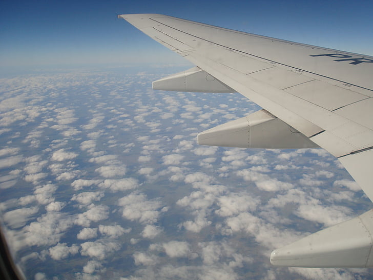 plokštumoje, skristi, aeronautikos, oro, debesys, kelionė, mėlyna