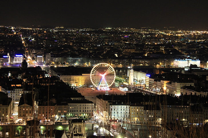 Francia, Lyon, noche, ciudad, luces, Monumento, paisaje