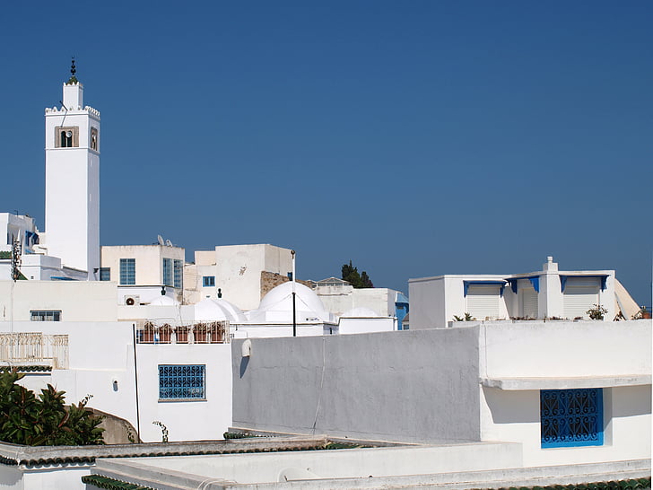 Tunis, Minaret, staré mesto, modrá, biele steny, historicky, zachovanie historickej
