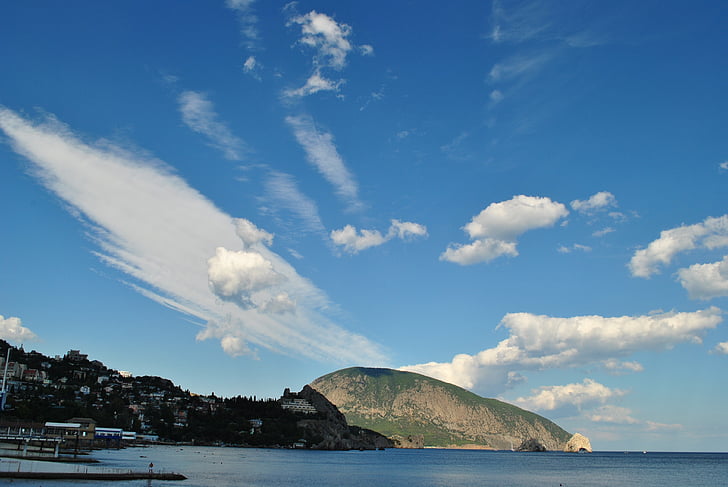 wolken, Bear mountain, Krim, zee, natuur, kustlijn, zomer