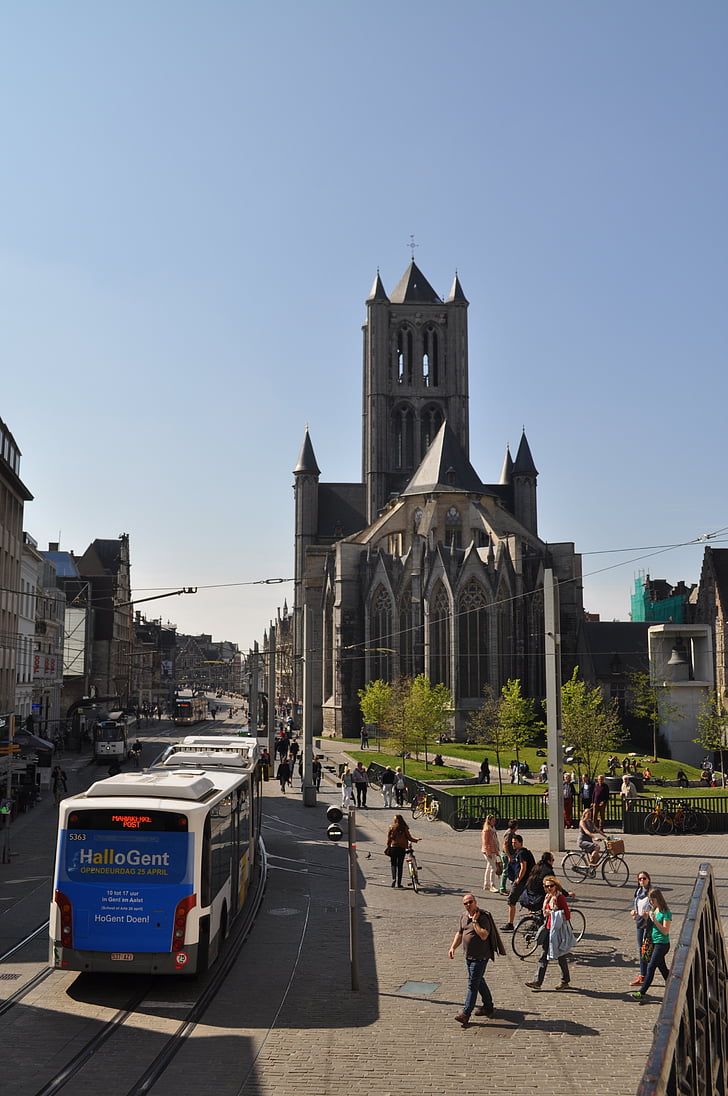 ghent, square, church, city ​​centrre, downtown, old town, bus