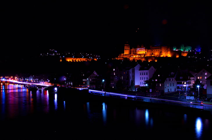 slott, Heidelberg, natt, Baden-württemberg, gamla bron, belysning, historiskt sett