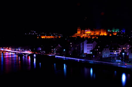 Castle, Heidelberg, yö, Baden-württemberg, vanha silta, valaistus, historiallisesti