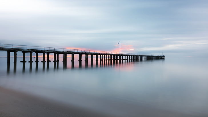 pier, jetty, beach, smooth, sunset, sea, ocean