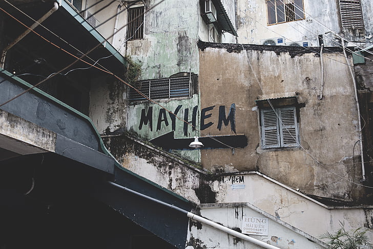 mayhem, printed, building, daytime, architecture, arrow, building exterior