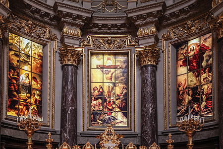 church, altar, altarpiece, glassart, glass, ceiling, catholicism