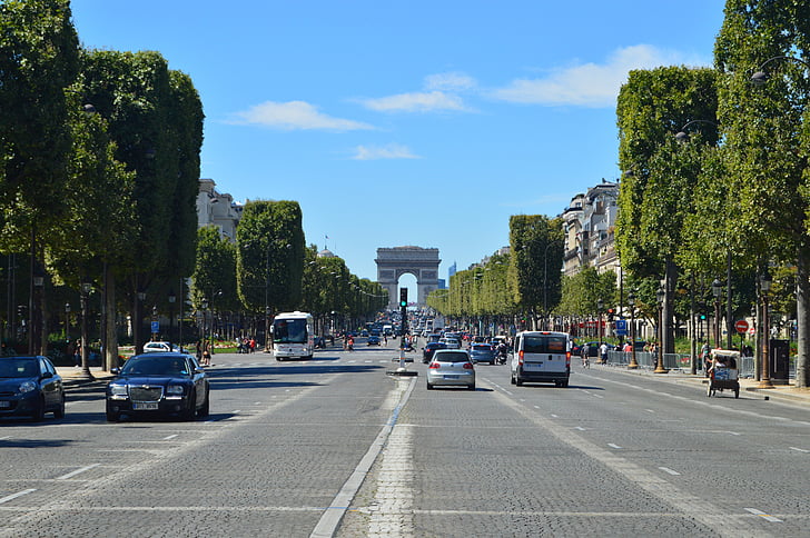 arc dear triomphe, paris, blue sky, car, transportation, land vehicle, road