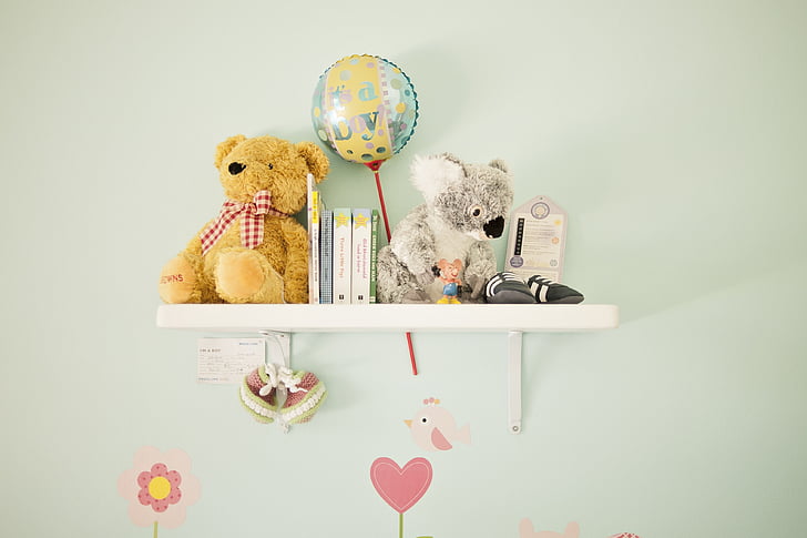 decoració de la llar d'infants, peluix, prestatge, nadó, nadó, llibres, estil de vida