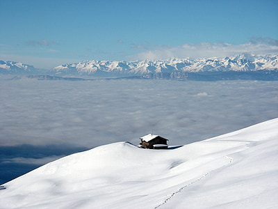 winter, mountains, fog, light snowfall, snow, ski run, wintry