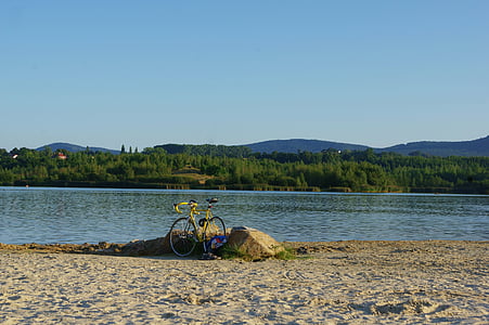 biciklizés, tó, úszni, szabadidő, többi, több, kerékpár túra