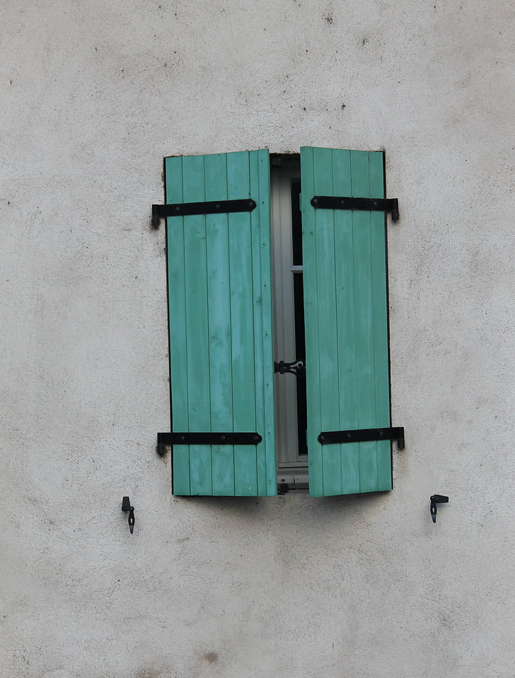 prozor, zatvorena, rolete, zelena, vanjski dio, zid, kuća