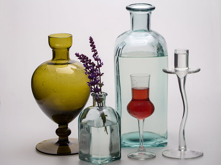 Stilleven, flessen, bloemen, glas, formulier, vaas, decoratie