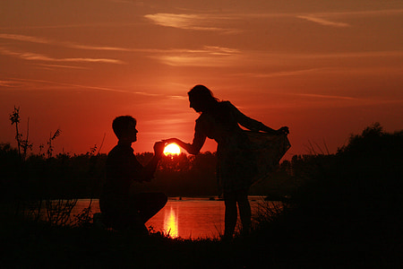 par, kjærlighet, solnedgang, vann, solen, skygge, romantikk