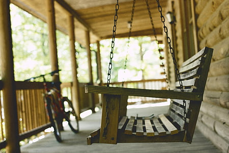bench, bicycle, bike, chair, depth of field, porch, swing