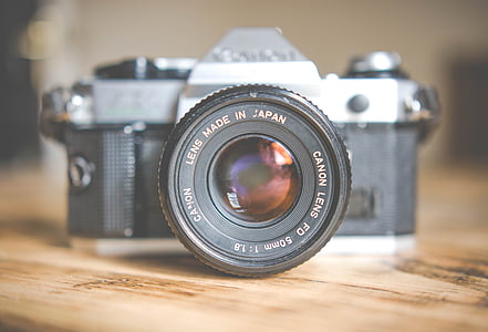 fotoaparát, čočka, Canon, rozostření, dřevěný, tabulka, fotoaparát - fotografické vybavení