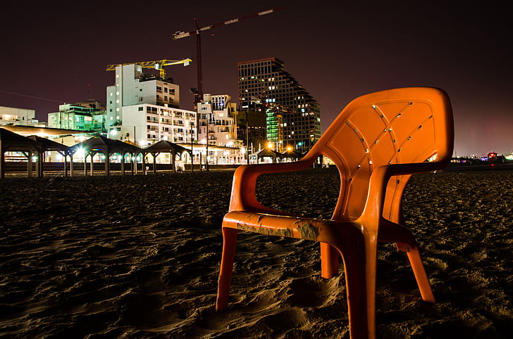 krēsls, pludmale, naktī, pludmales krēsls, jūra, atpūsties