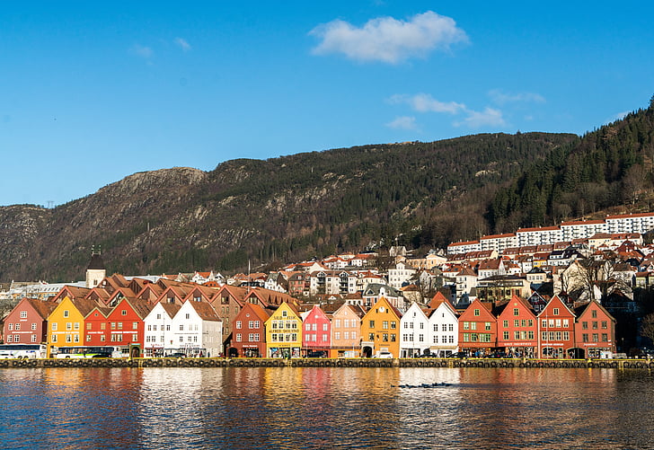 Norwegia, Bergen, Pantai, Skandinavia, arsitektur, refleksi, Gunung