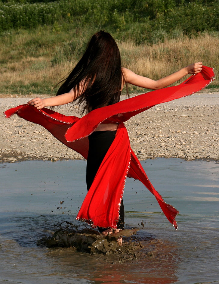 girl, dance, spinning, lake, motion, red, women