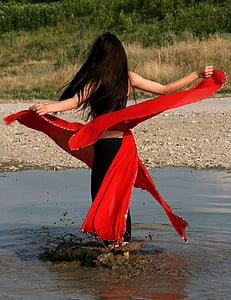 Děvče, tanec, předení, jezero, pohyb, červená, ženy