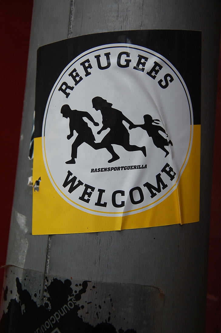 refugees, welcome, sticker, sign