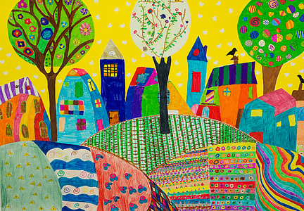 Detské kresby, sfarbenie, Village, Záhrada, Tabuľka, ilustrácie, vektor