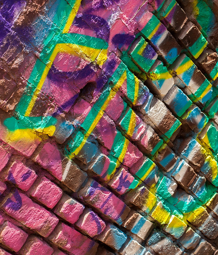 farverige, mursten, væg, kunst, multi farvet, abstrakt, mønster