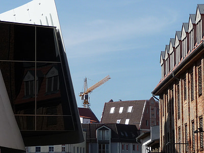 Stralsund, arquitectura, Inicio, ventana, reflejar, grúa, cielo
