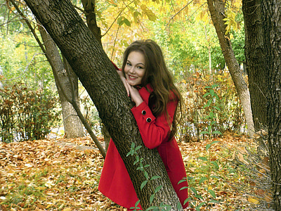 jeseň, Červená Karkulka, dievča, jesenné lístie, strom, Príroda, prechádzka