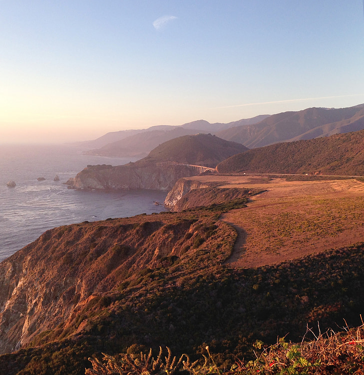 Big sur, Kalifornia, zachód słońca, linia brzegowa, przybrzeżne, krajobraz, skały