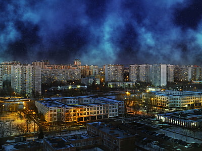 Solntsevo, Moscou, nuit, lunettes, nuages, ville de nuit, veilleuses