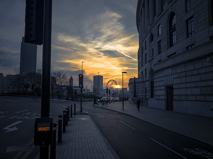 solnedgang, London, London eye, Themsen, byen, arkitektur, himmelen