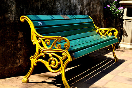 park, bench, painted, yellow, turquoise, india, outdoors