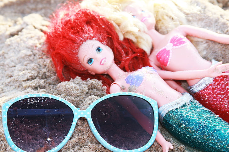 dockor, stranden, Barby, leksaker, sommar, solglasögon, sjöjungfru