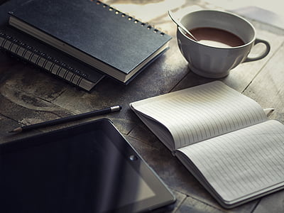 Denník, iPad, písať, blog, pracovisko, Čokoláda, notebook
