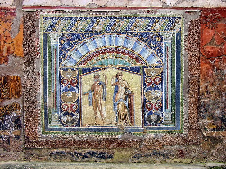 Herculaneum, mosaik, kuno, Italia, Romawi, penggalian, Vesuvius