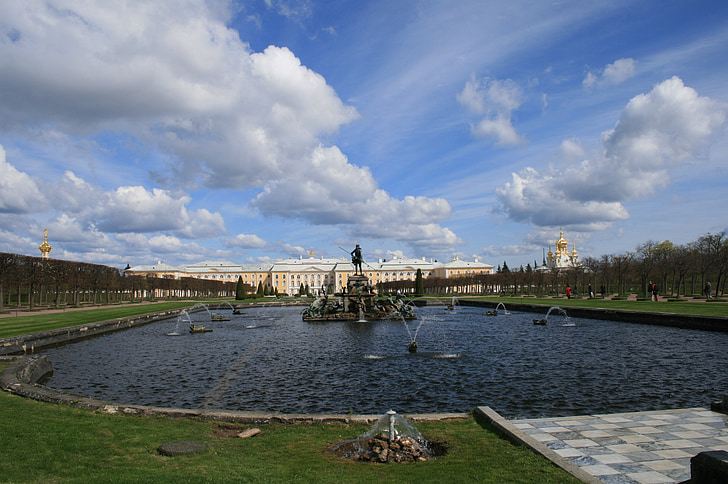 Peterhof, tvenkinys, vandens, sodai, fontanas, dangus, Sankt Peterburgas