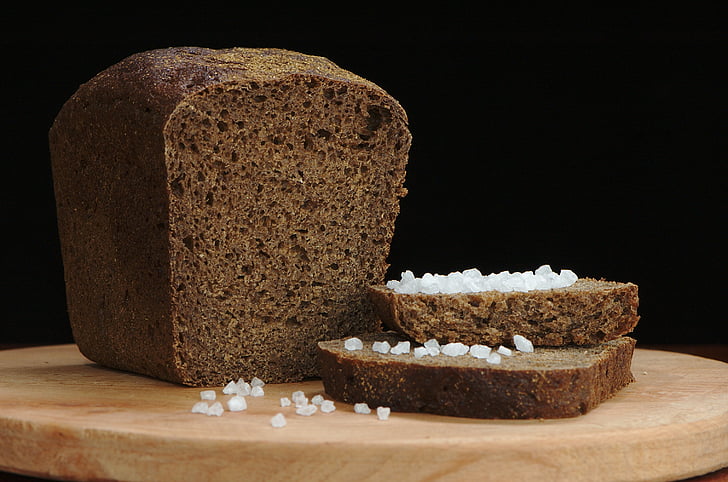 salt, bread, rye, black, loaf, slice, food