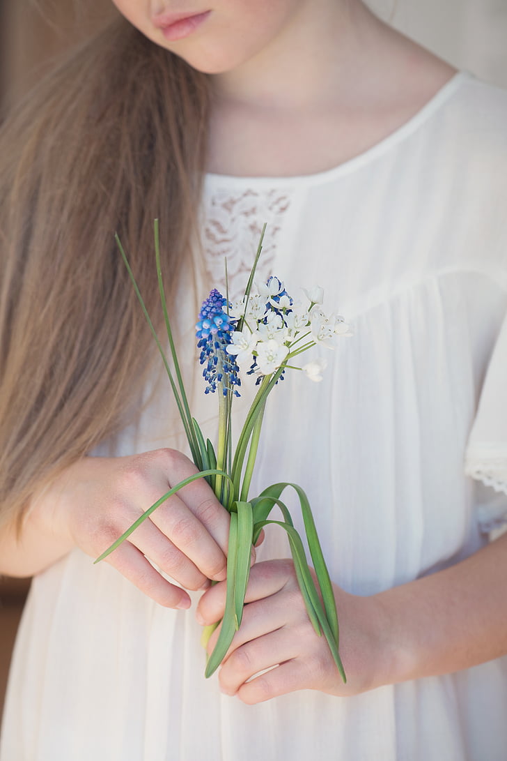 person, human, female, flowers, hyacinth, leek flower, blue