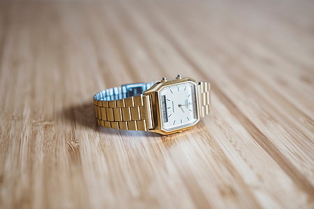 gold, watch, fashion, accessory, wooden, table