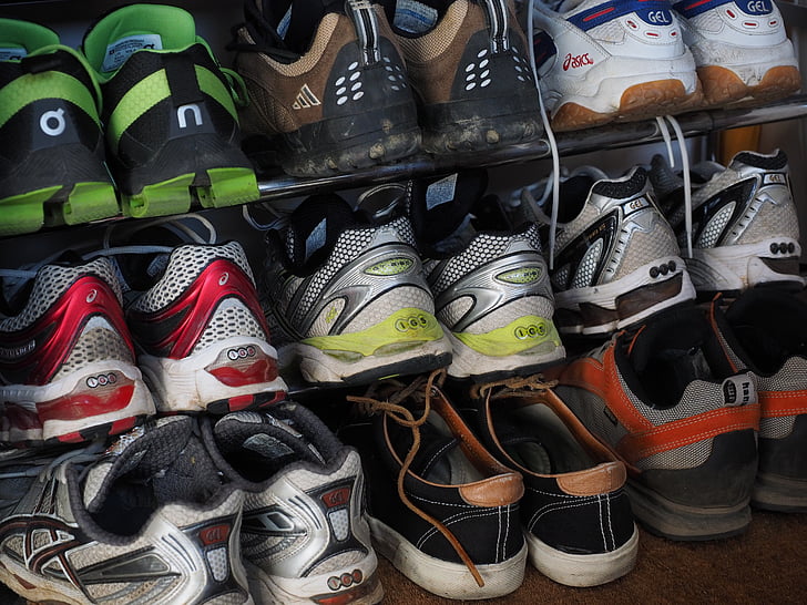 shoes, shoe shelf, running shoes