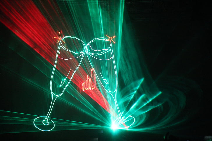 lasershow, làser, vermell, verd, xampany, vidre, Copa de xampany