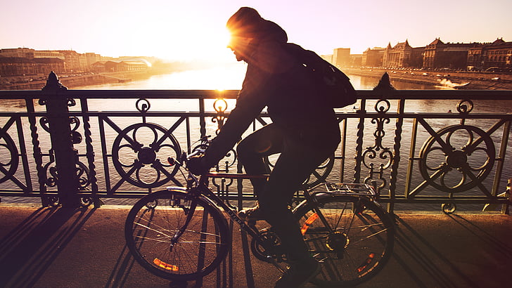 velosipēdu, velosipēds, tilts, auksti, ceļā uz darbu, Riteņbraukšana, velosipēdists