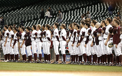 baseball team, national anthem, pregame, baseball diamond, baseball, college, players