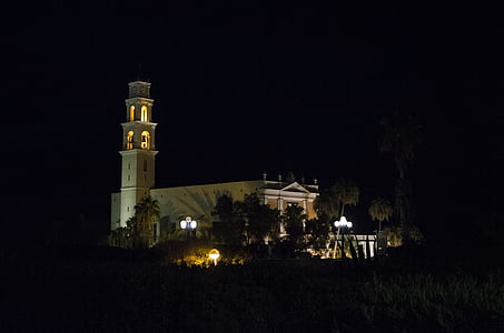 Jaffa, Izraēla, baznīca, naktī, tornis, arhitektūra
