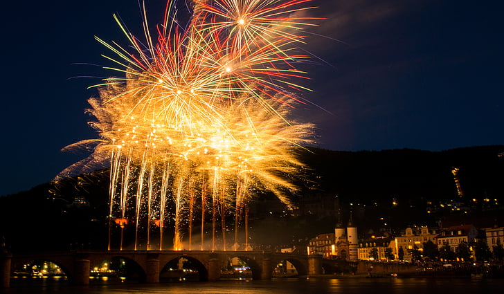 fyrverkerier, Heidelberg, slott, belysning, natt, fästning, Bridge
