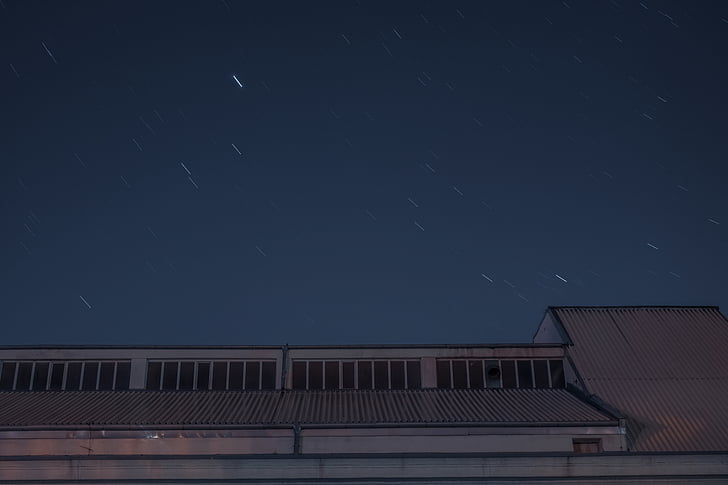 pastatas, žvaigždėtas, naktį, pramonės, sandėlio, stogo, dangus