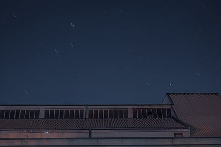 edifício, estrelada, à noite, industrial, armazém, telhado, céu